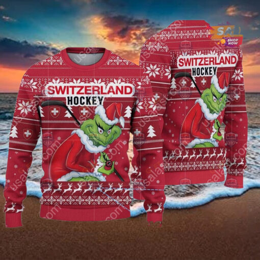 Switzerland Ice Hockey Team Grinch Hockey Stick Ugly Christmas Sweater