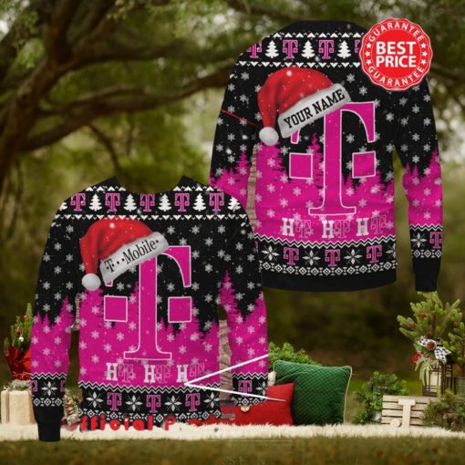 T Mobile Logo Santa Hat Pine Tree Snowflake Custom Name Ugly Christmas Sweater