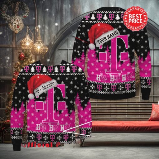 T Mobile Logo Santa Hat Pine Tree Snowflake Custom Name Ugly Christmas Sweater