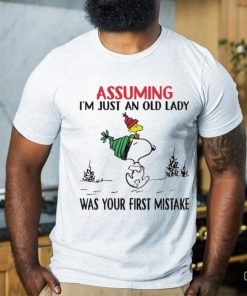 Snoopy and Woodstock hat santa assuming I’m just an old lady was your mistake christmas shirt