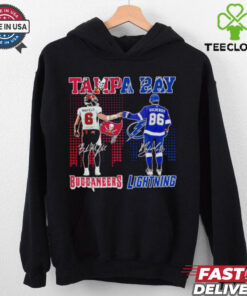 Tampa Bay Buccaneers Baker Mayfield and Tampa Bay Lightning Nikita Kucherov Shirt featuring dual-team graphics, celebrating both Baker Mayfield's role with the Buccaneers and Nikita Kucherov's impact on the Lightning. Perfect for fans supporting both teams.