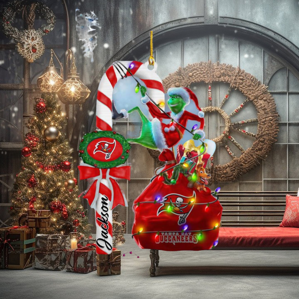 Tampa Bay Buccaneers NFL Custom Name Grinch Candy Cane 2 Sides Christmas Tree Decorations Ornament Tampa Bay Buccaneers NFL Custom Name Grinch Candy Cane 2 Sides Christmas Tree Decorations Ornament