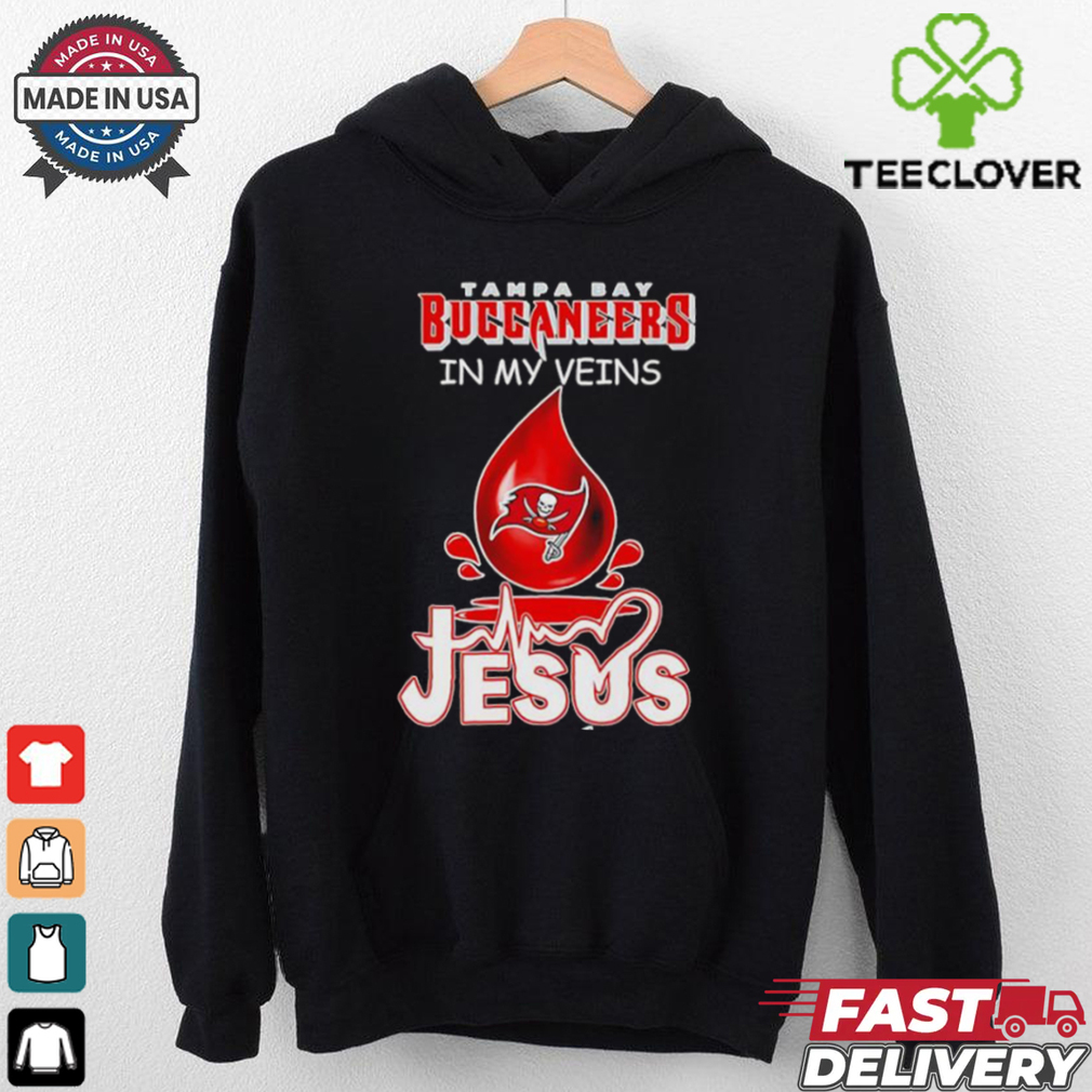 Tampa Bay Buccaneers in my veins Jesus in my heart blood drop shirt Tampa Bay Buccaneers in my veins Jesus in my heart blood drop shirt