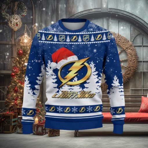 Tampa Bay Lightning Logo Wearing Santa Hat Trending Christmas Gift AOP Ugly Christmas Sweater Men Women Winter Gift
