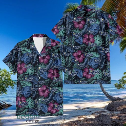 Tampa Bay Rays Dark Magenta Green Leaf Black Background 3D Hawaiian Shirt Gift For Fans