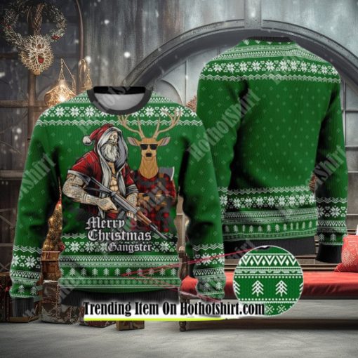 Tattooed Santa And Reindeer Green Ugly Christmas Sweater