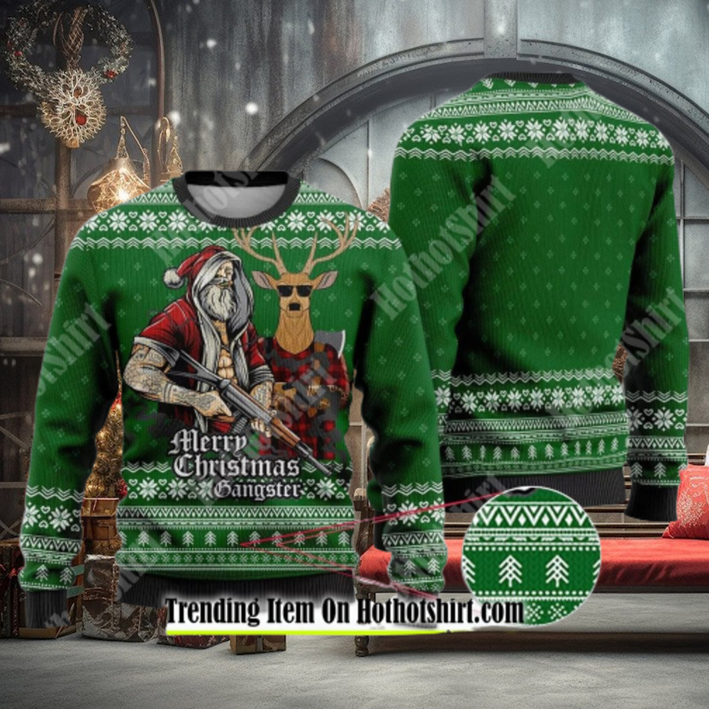 Tattooed Santa And Reindeer Green Ugly Christmas Sweater Tattooed Santa And Reindeer Green Ugly Christmas Sweater