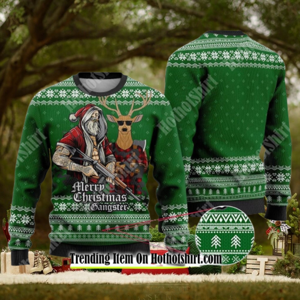 Tattooed Santa And Reindeer Green Ugly Christmas Sweater Tattooed Santa And Reindeer Green Ugly Christmas Sweater