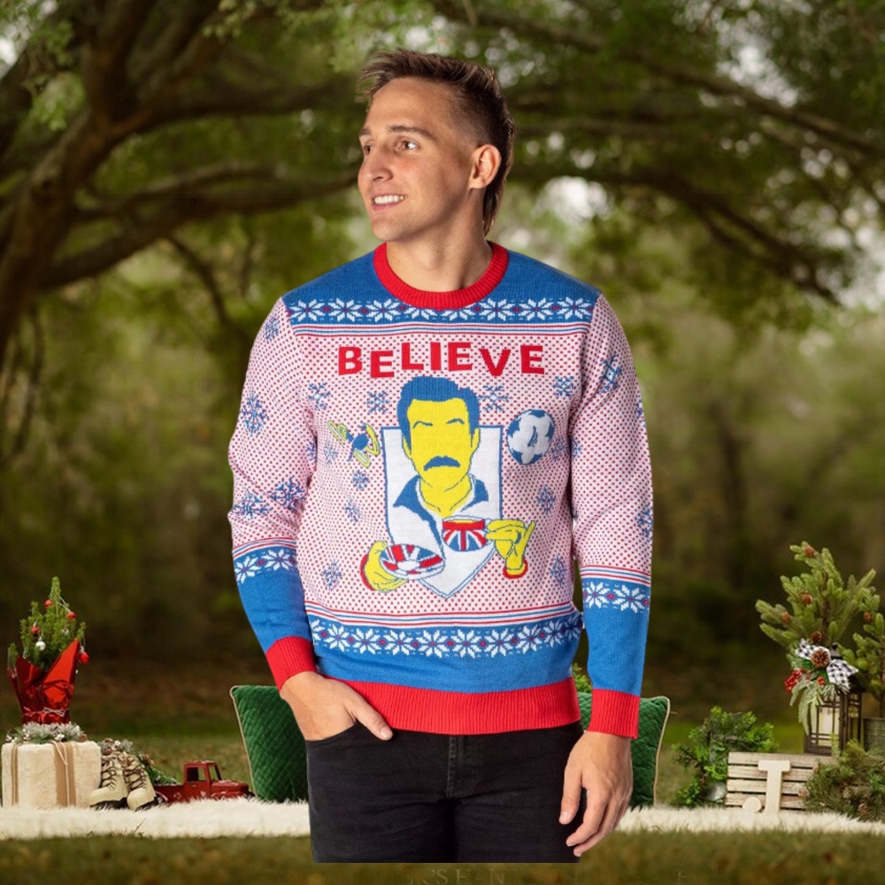 Ted Lasso Men's Believe Fair Isle Ugly Christmas Sweater Ted Lasso Men's Believe Fair Isle Ugly Christmas Sweater