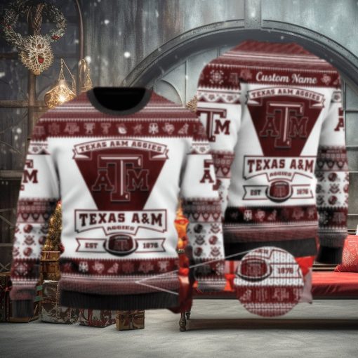 Texas AM Aggies Football Team Logo Ugly Christmas 3D Sweater Wintertime Custom Name