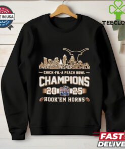 Texas Longhorns Chick-fil-A Peach Bowl Champions 2025 T-shirt, featuring Hook’em Horns and skyline design, unisex fit, Texas football fan gear, Peach Bowl championship shirt.