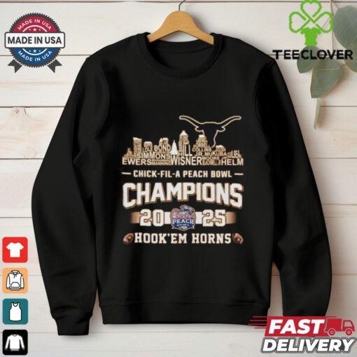 Texas Longhorns Chick Fil A Peach Bowl Champions 2025 Hook’em Horns Skyline Shirt