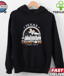Texas Longhorns Football January 1, 2025 Rose Bowl Champions T-shirt, featuring skyline design, unisex fit, Texas football fan gear, Rose Bowl victory shirt.