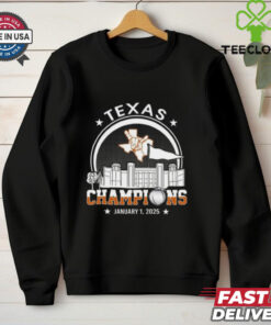 Texas Longhorns Football January 1, 2025 Rose Bowl Champions T-shirt, featuring skyline design, unisex fit, Texas football fan gear, Rose Bowl victory shirt.