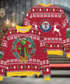 Texas Rangers x Grinch Dr. Seuss How the Grinch Stole Christmas MLB with World Series Trophy Ugly Christmas Sweater Red