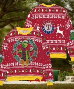 Texas Rangers x Grinch Dr. Seuss How the Grinch Stole Christmas MLB with World Series Trophy Ugly Christmas Sweater Red