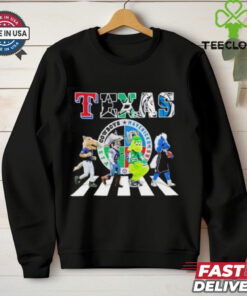 Texas Sports Team Mascots Abbey Road Shirt, featuring a fun design inspired by the iconic Abbey Road album cover, with mascots from Texas sports teams walking across the street. Perfect for fans of Texas teams with a creative twist!