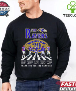 The Baltimore Ravens 29th Anniversary 1996-2025 Thank You Signature Shirt featuring a commemorative design celebrating the team's 29th anniversary, with signatures from key players and a message of gratitude.