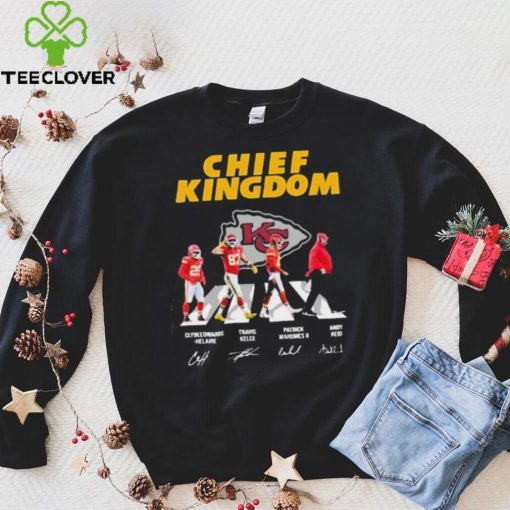 The Chiefs Kingdom Clyde Edwards Helaire Travis Kelce Patrick Mahomes II And Andy Reid Abbey Road Signatures Shirt