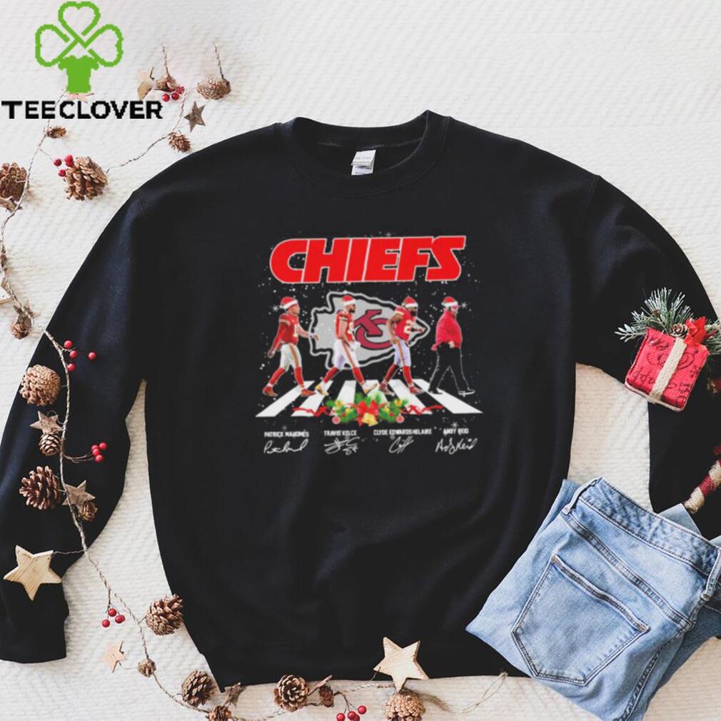 The Chiefs Patrick Mahomes Travis Kelce Clyde Edwards Helaire And Andy Reid Abbey Road Signatures Christmas Shirt