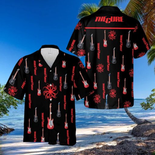 The Cure Music Band Logo Hawaiian Shirt Thunder And Guitar Black Red For Fans Gift Holidays