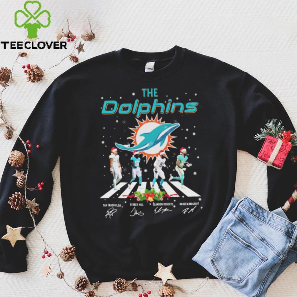 The Dolphins Tua Tagovailoa Tyreek Hill Elandon Roberts And Raheem Mostert Abbey Road Christmas Signatures Shirt The Dolphins Tua Tagovailoa Tyreek Hill Elandon Roberts And Raheem Mostert Abbey Road Christmas Signatures Shirt