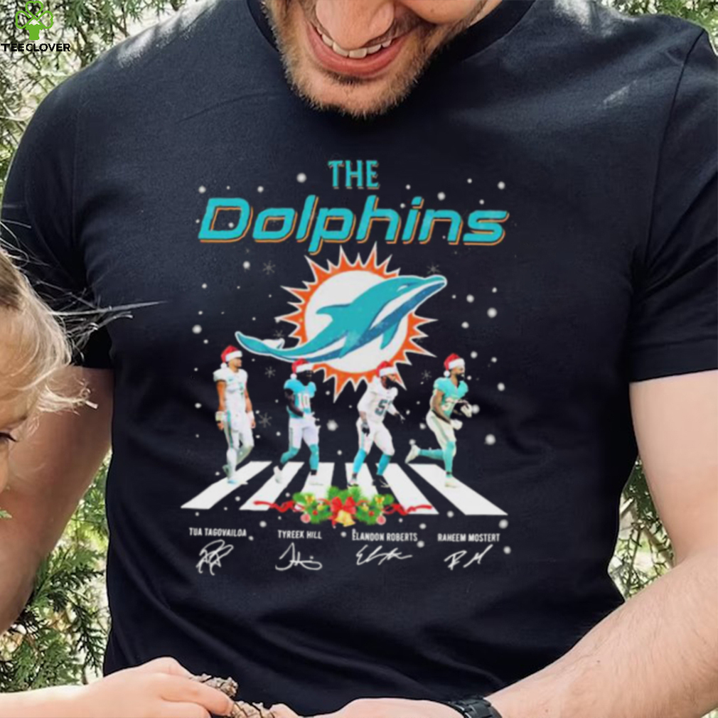 The Dolphins Tua Tagovailoa Tyreek Hill Elandon Roberts And Raheem Mostert Abbey Road Christmas Signatures Shirt The Dolphins Tua Tagovailoa Tyreek Hill Elandon Roberts And Raheem Mostert Abbey Road Christmas Signatures Shirt