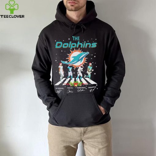 The Dolphins Tua Tagovailoa Tyreek Hill Elandon Roberts And Raheem Mostert Abbey Road Christmas Signatures Shirt