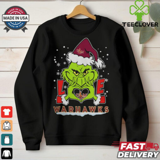 The Grinch Love Heart 2024 ULM Warhawks Football Christmas Shirt