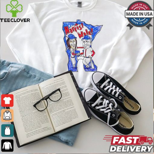 The Harris Walz shaking hands logo baseball player shirt