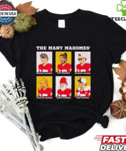 The Many Mahomes Patrick Mahomes KC Chiefs Shirt, featuring a creative design highlighting the various roles and skills of Patrick Mahomes, with multiple graphics showcasing the Kansas City Chiefs star quarterback. Perfect for fans who admire Mahomes' versatility and greatness on the field.