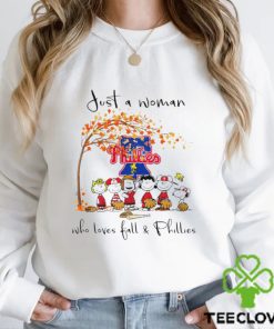 The Peanuts just a woman who loves fall and Philadelphia Phillies 2023 shirt