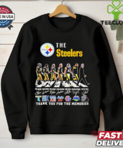 The Steelers Thank You for the Memories Abbey Road Signature Shirt featuring a design inspired by the iconic Abbey Road album cover, combined with signatures from Steelers legends, perfect for fans celebrating the team’s rich history.