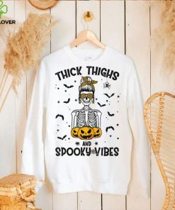 Thick Thighs And Spooky Vibes Messy Bun Skull Funny T Shirt