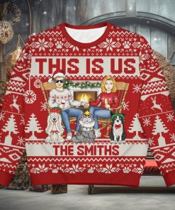 This Is Us Couple And Dogs Cats   Christmas Gift For Pet Lovers And Family   Personalized Unisex Ugly Sweater