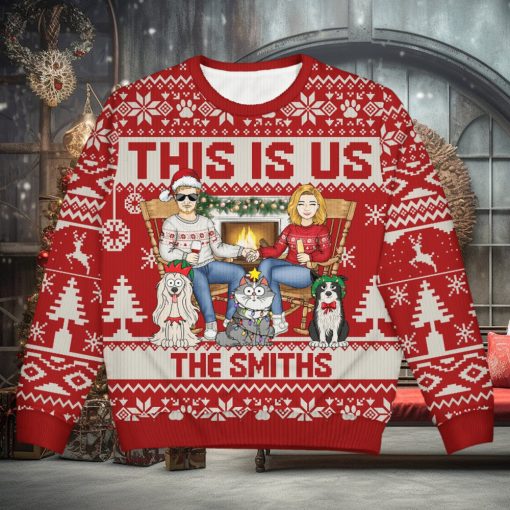 This Is Us Couple And Dogs Cats   Christmas Gift For Pet Lovers And Family   Personalized Unisex Ugly Sweater