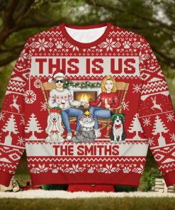 This Is Us Couple And Dogs Cats   Christmas Gift For Pet Lovers And Family   Personalized Unisex Ugly Sweater
