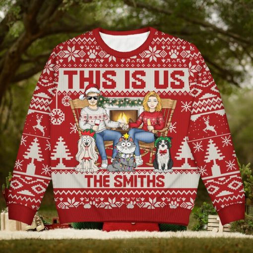 This Is Us Couple And Dogs Cats   Christmas Gift For Pet Lovers And Family   Personalized Unisex Ugly Sweater