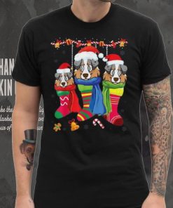 Three English Shepherd Dog Inside Christmas Socks Merry Xmas Unisex Shirt