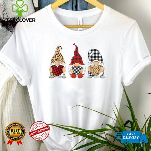 Three Gnomes Holding Leopard Heart & Plaid Valentine’s Day T Shirt
