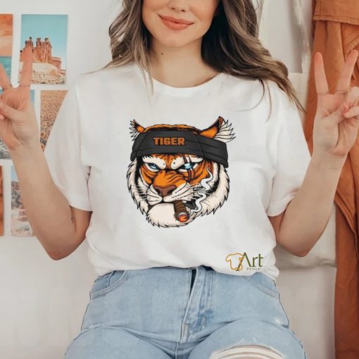 Tiger Head Wearing Bandana While Smoking Shirt
