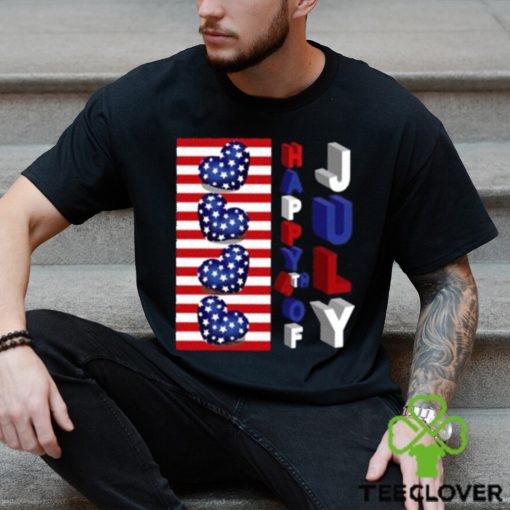 Top 4th Of July 3D Art Happy 4th Of July American Flag Hearts T Shirt