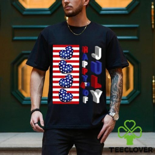 Top 4th Of July 3D Art Happy 4th Of July American Flag Hearts T Shirt