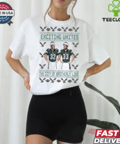 Top Exciting Whites Reed Blankenship and Cooper DeJean Ugly Christmas T-shirt with a festive design featuring the players and a holiday-themed pattern.