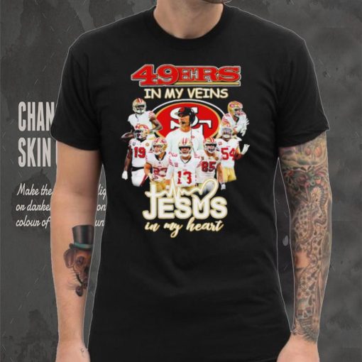 Top san Francisco 49ers team in my veins jesus in my heart hoodie, sweater, longsleeve, shirt v-neck, t-shirt