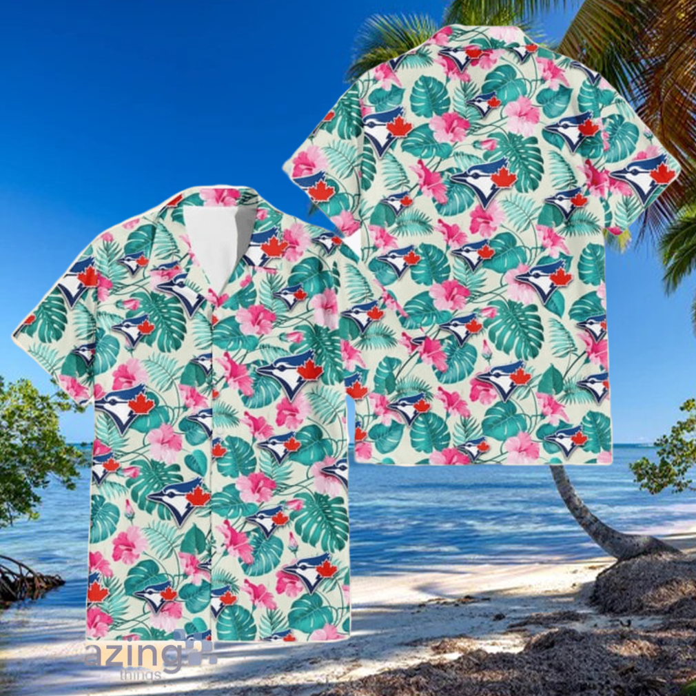 Toronto Blue Jays Pink Hibiscus Green Leaf Beige Background 3D Hawaiian Shirt Gift For Fans Toronto Blue Jays Pink Hibiscus Green Leaf Beige Background 3D Hawaiian Shirt Gift For Fans