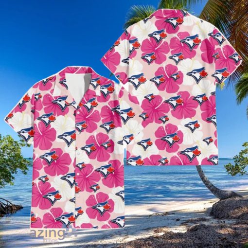 Toronto Blue Jays Pink White Hibiscus Misty Rose Background 3D Hawaiian Shirt