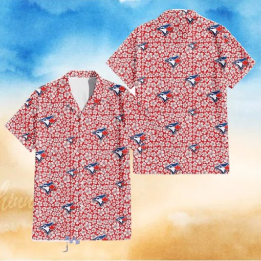 Toronto Blue Jays Tiny White Hibiscus Pattern Red Background 3D Hawaiian Shirt Gift For Fans