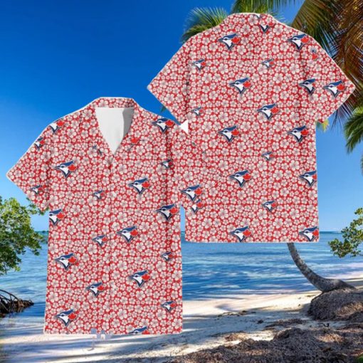 Toronto Blue Jays Tiny White Hibiscus Pattern Red Background 3D Hawaiian Shirt Gift For Fans