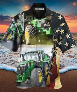 Tractor Independence Day Green Tractor US Flag Hawaiian Shirt